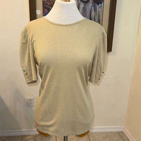 Liz Claiborne Tops - Liz Claiborne Gold Shimmer Puff Sleeve Top w/ Button Embellishments Size Medium